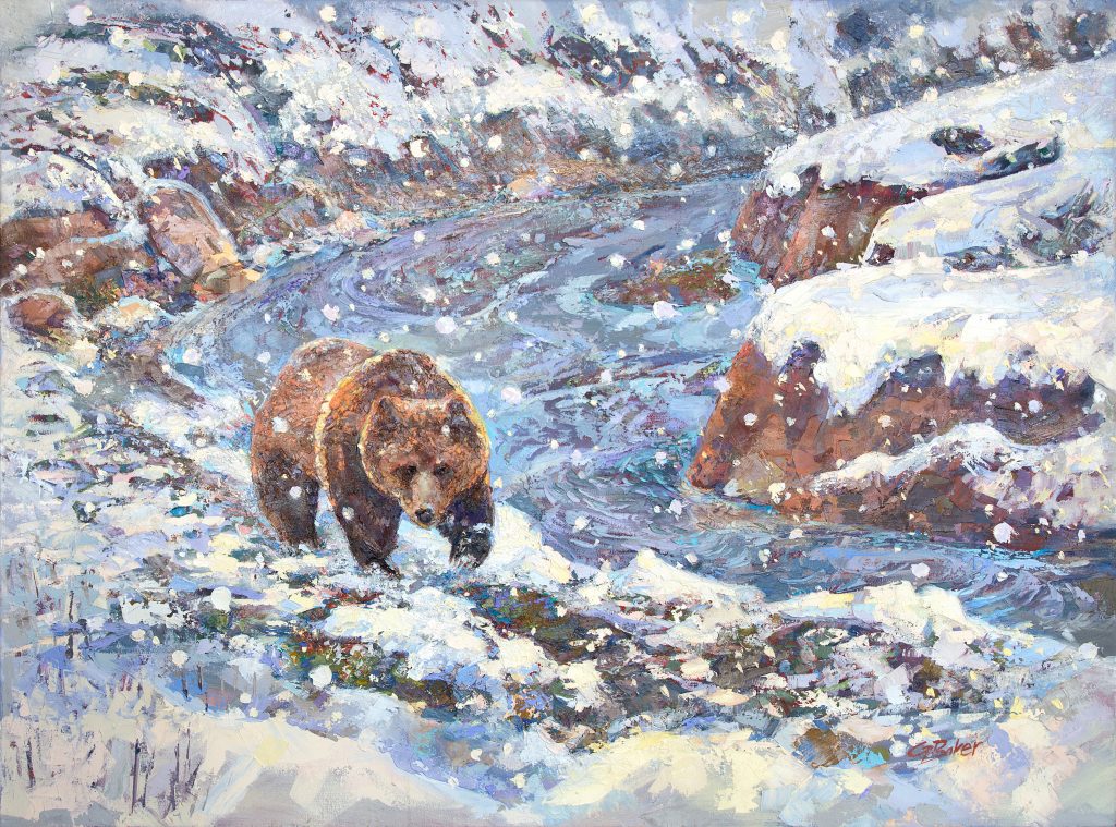 Painting of grizzly bear in spring snowstorm at Obsidian Creek