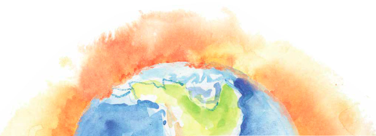 Watercolor illustration of Earth with orange atmosphere