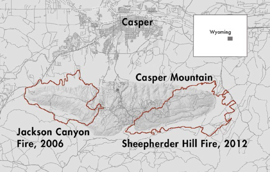 Large fires torched the ends of Casper Mountain in 2006 and 2012, leaving the tree- and house-covered middle unburned.