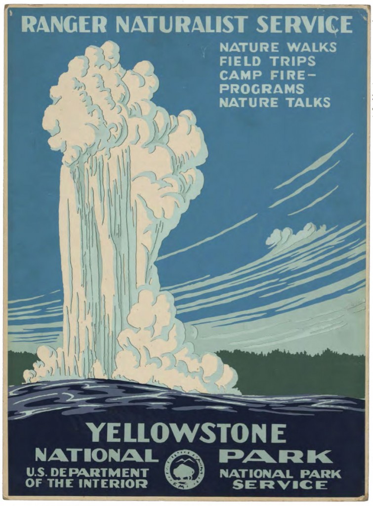  Poster advertising Yellowstone National Park, created circa 1938 as part of the Federal Art Project, a New Deal program to support American artists and designers.