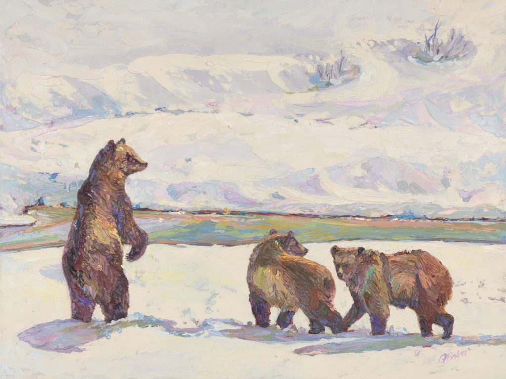 Painting of watchful mama bear standing in snow with two cubs