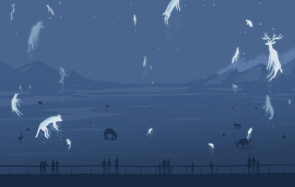 Illustration of figures standing at railing while ghosts of animals rise into the night sky