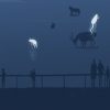 Illustration of people watching from railing while ghosts of animals rise into a night sky