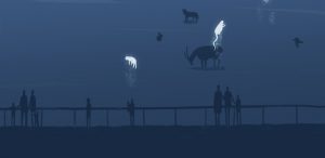 Illustration of people watching from railing while ghosts of animals rise into a night sky