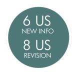 Teal circle reading "6 US NEW INFO, 8 US REVISION"