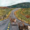 Painting of deer crossing road