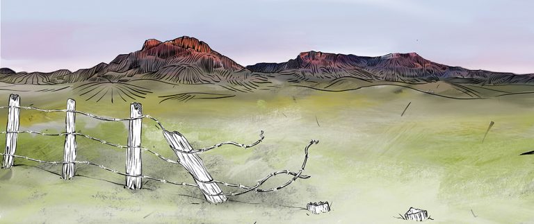 Broken fence with hills and buttes in background - watercolor painting