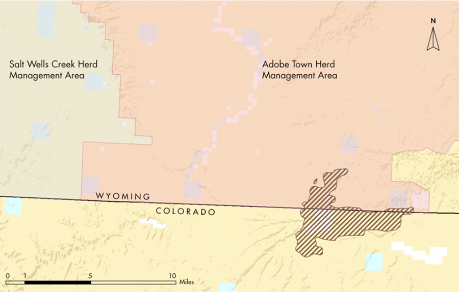 Map showing wild horse area in WY and CO