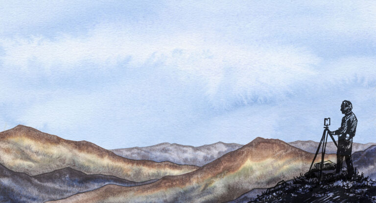 Watercolor and ink illustration of man surveying a desert landscape. By Claire Giordano