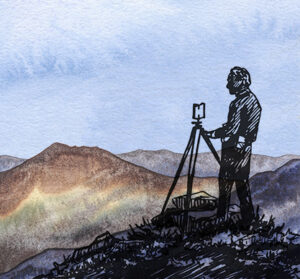 artwork of a person taking a photo of mountains
