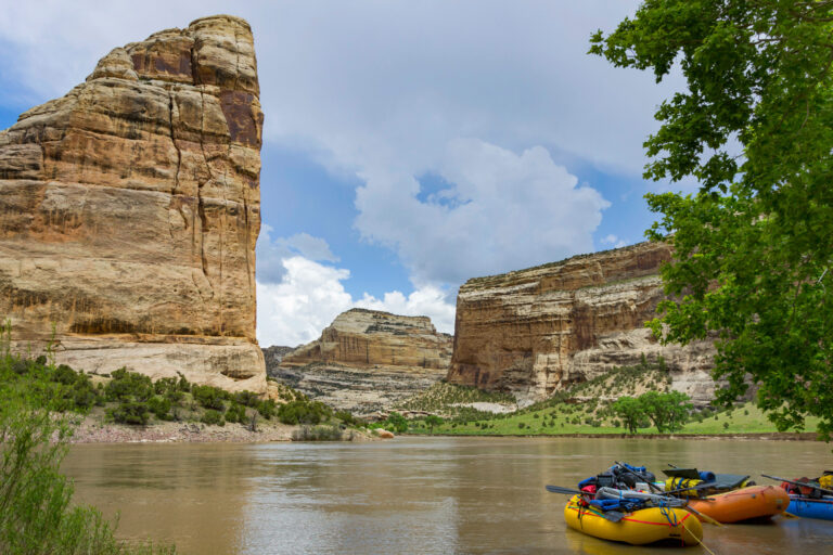 Raft Moored At Green River In Dinosaur National Monument, Utah, Usa