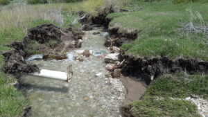 An eroded stream with an irrigation pipe sticking out of the bank