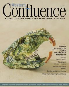 Cover of Western Confluence magazine issue about conservation and prosperity with image of a painted beaver skull.